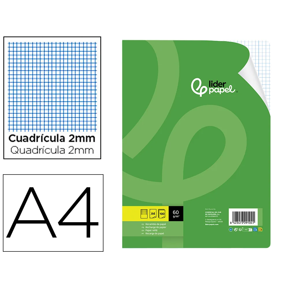 Recambio Liderpapel A4 100 Hojas 60GR Milimetrado Sin Margen 4 Taladros