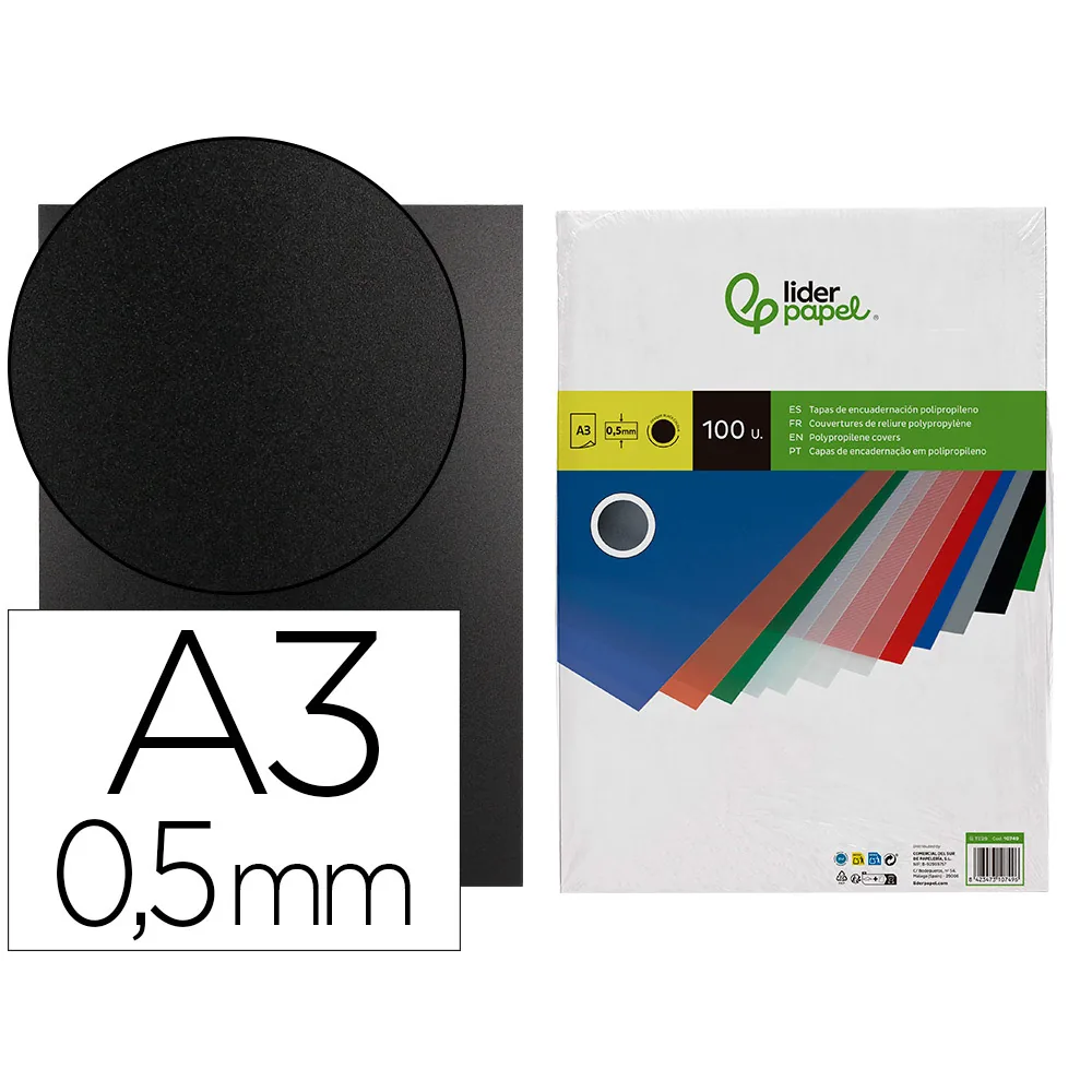 Tapa Encuadernacion Liderpapel Polipropileno A3 0.5 MM Negro Opaco Paquete de 100 Unidades