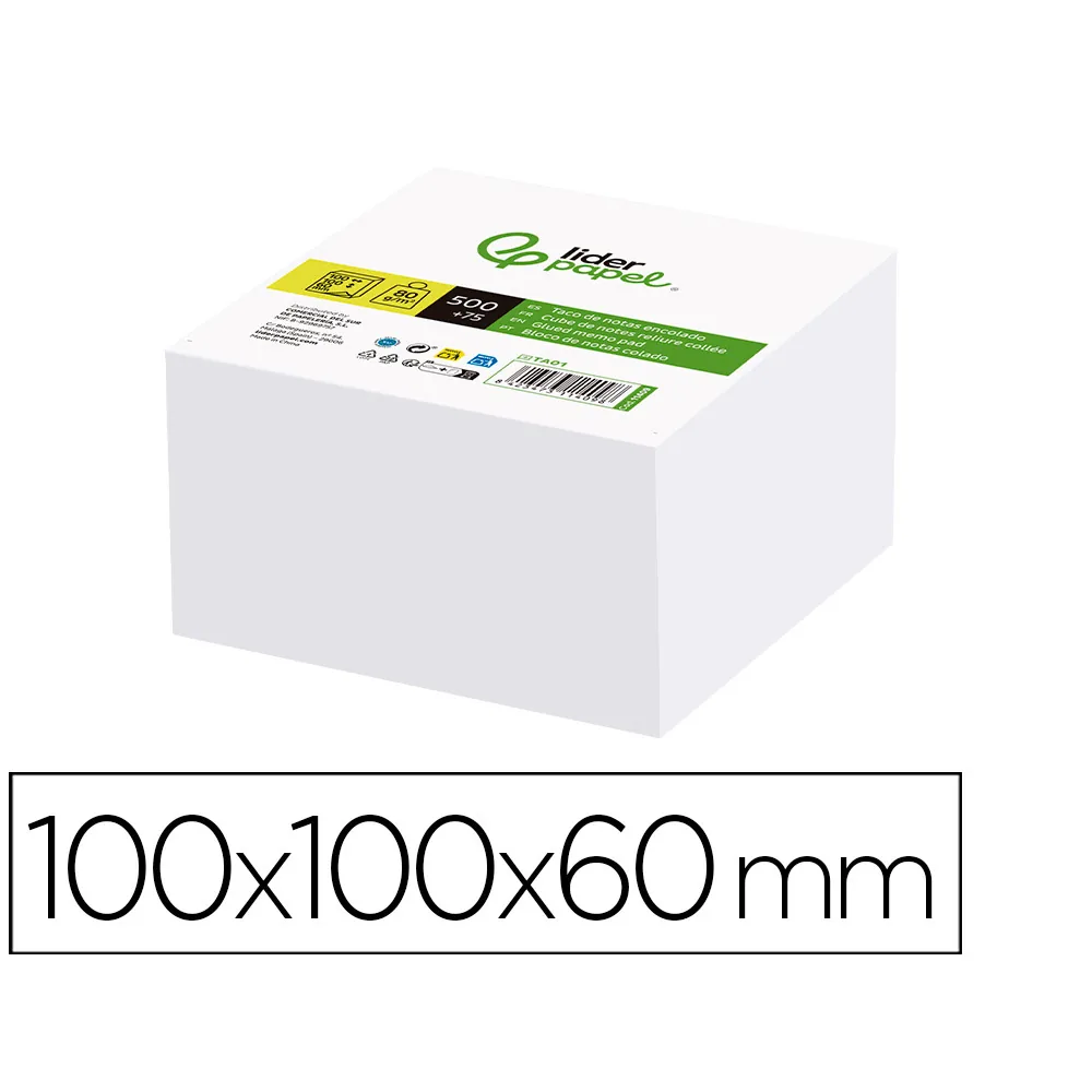 Taco Papel Liderpapel Encolado Blanco 500+75 Hojas 100X100X60 MM 80 G