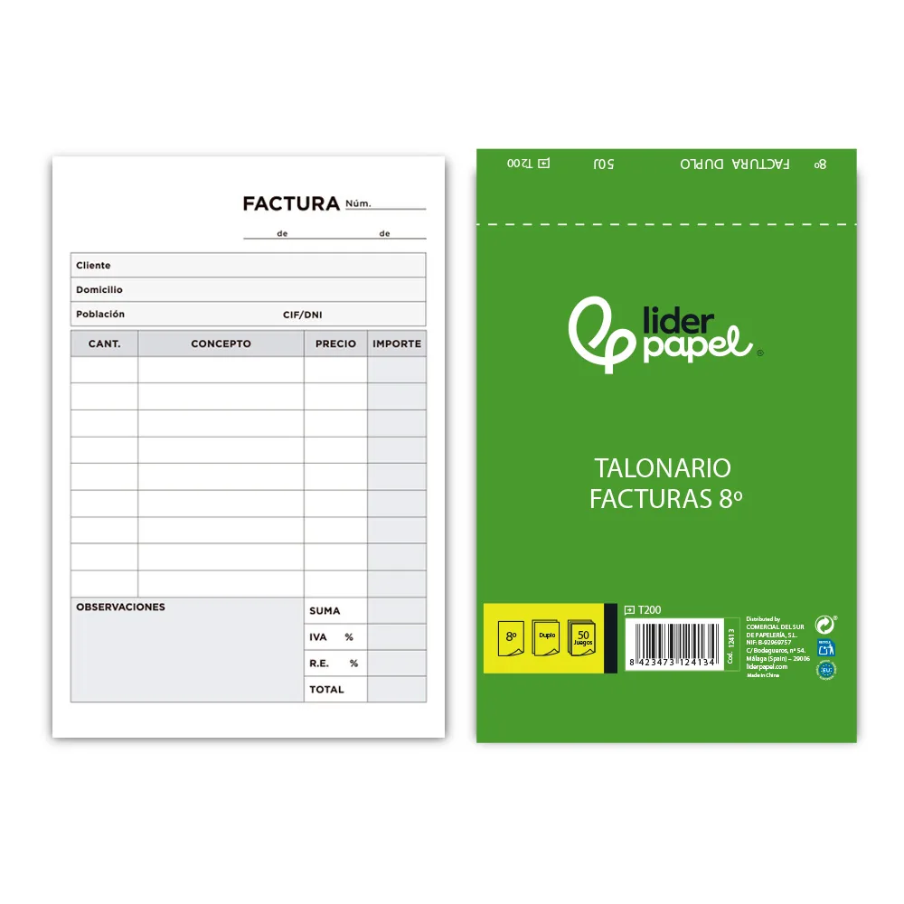 Talonario Liderpapel Facturas 8º Original y Copia T200 con I.v.a