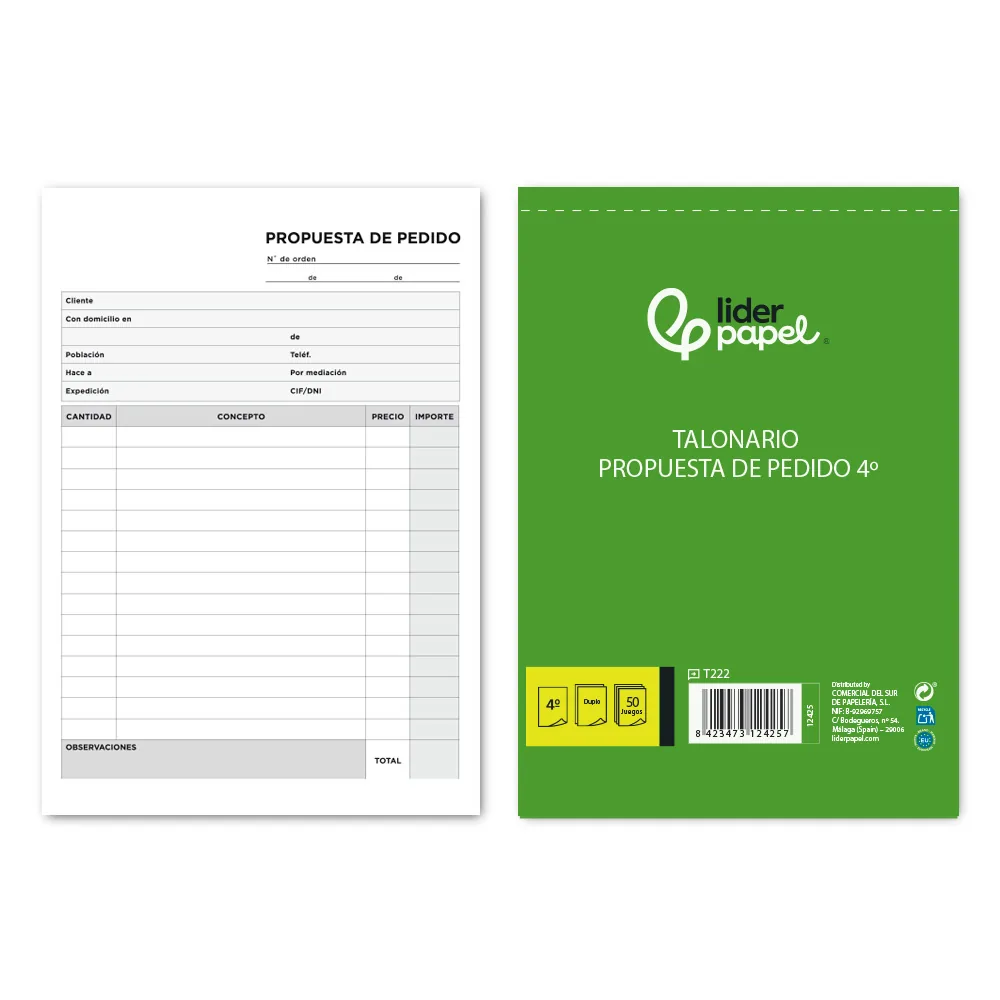Talonario Liderpapel Pedidos Cuarto Original y Copia T222