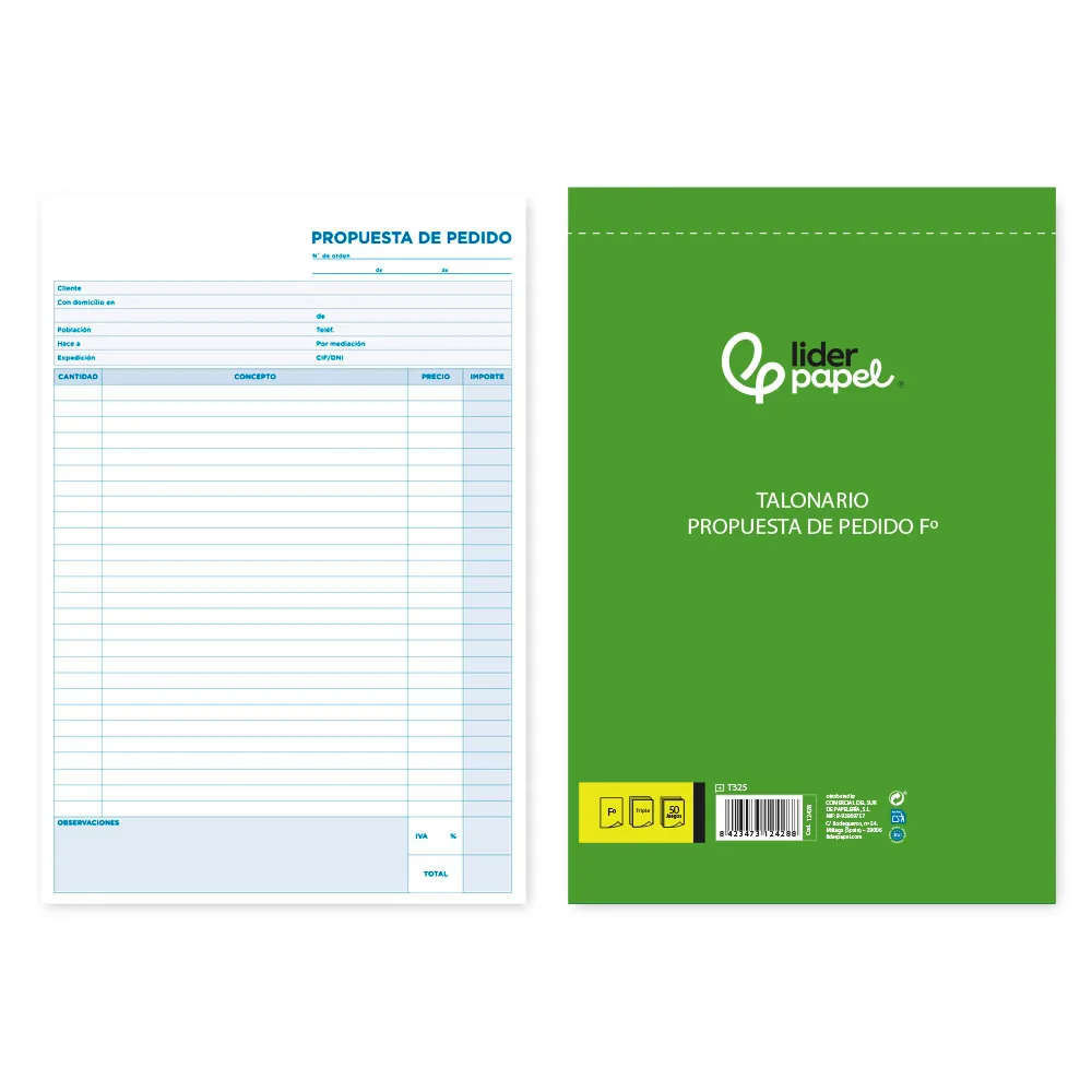 Talonario Liderpapel Pedidos Folio Original y 2 Copias T325