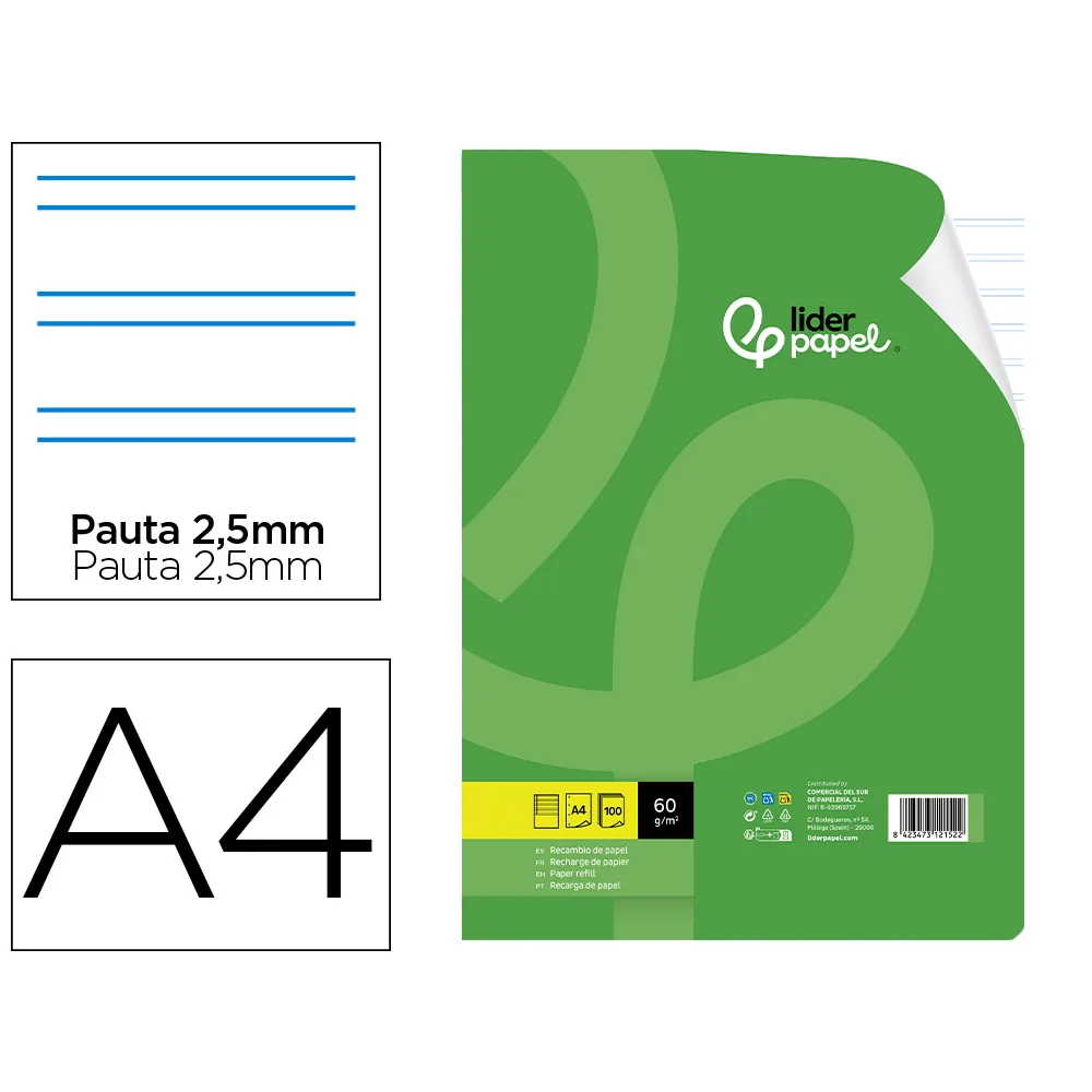 Recambio Liderpapel A4 100 Hojas 60GR Pauta 5ª 2.5MM con Margen 4 Taladros