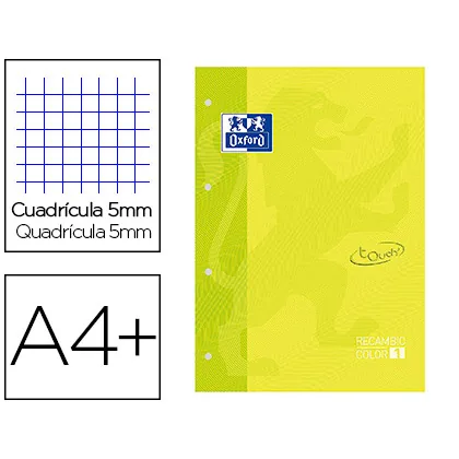 Recambio Color 1 Oxford DIN A4+ 80 Hojas 90 GR Cuadricula 5 MM Tapa Blanda 4 Taladros Lima Touch