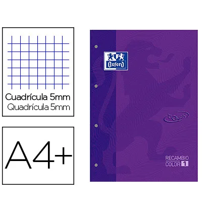 Recambio Color 1 Oxford DIN A4+ 80 Hojas 90 GR Cuadricula 5 MM Tapa Blanda 4 Taladros Lila Touch