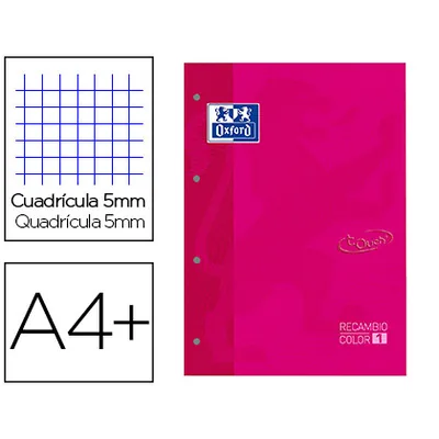 OXFORD Recambio Color 1 Oxford DIN A4+ 80 Hojas 90 GR Cuadricula 5 MM Tapa Blanda 4 Taladros Fucsia Touch