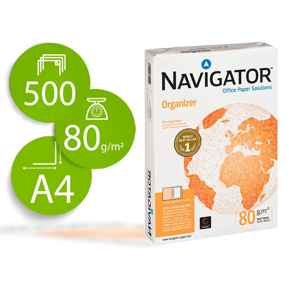 Papel Fotocopiadora Navigator DIN A4 80 Gramos 2 Taladros Papel Multiuso Ink-jet y Laser Paquete de 500 Hojas