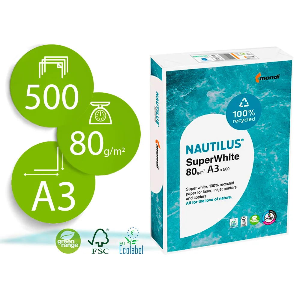 Papel Fotocopiadora Nautilus Superwhite 100% Reciclado DIN A3 80 Gramos Paquete de 500 Hojas