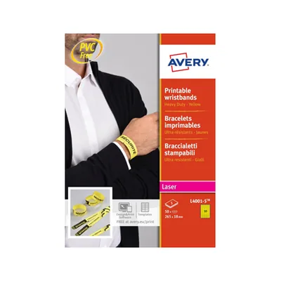 AVERY Pulsera Identificativa Avery Polietileno Amarillo Fluorescente Imprimible Laser 265X18 MM Pack de 50 Unidades