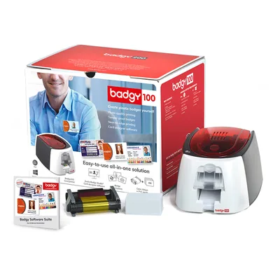 BADGY Impresora de Tarjeta Badgy 100 Incluye Cinta 50 Tarjetas y Programa Edicion Badge Studio