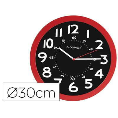 Q-CONNECT Reloj Q-Connect de Pared Plastico Oficina Redondo 30 CM Color Rojo y Esfera Color Negro