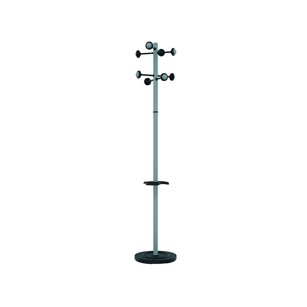 Perchero Metalico Unilux Accueil Pie 8 Colgadores con Paraguero y Bandeja Goteo Gris Metalizado 177X38 CM