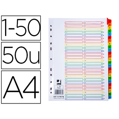 Q-CONNECT Separador Numerico Q-Connect Carton 1-50 Juego de 50 Separadores DIN A4 Multitaladro