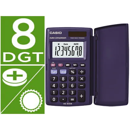 Calculadora Casio HS-8VER Bolsillo 8 Digitos Conversion Moneda con Tapa Color Azul
