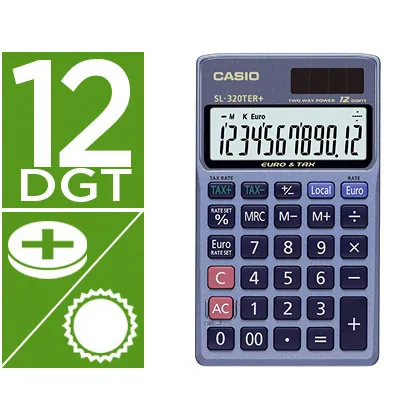 Calculadora Casio SL-320TER Bolsillo 12 Digitos Tax +/- Conversion Moneda Tecla Doble Cero Color Azul