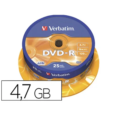 VERBATIM Dvd-r Verbatim Capacidad 4.7GB Velocidad 16X 120 Min Tarrina de 25 Unidades