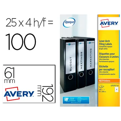 AVERY Etiqueta Adhesiva Avery Permanente Blanca 61X192 MM para Lomo Archivador Laser Caja de 100 Unidades
