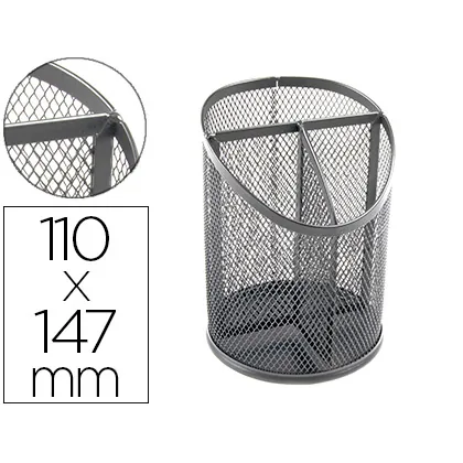 Cubilete Portalapices Q-Connect Plata Metal Redondo Rejilla con 3 Compartimentos Diametro 110 MM Alto 147 MM