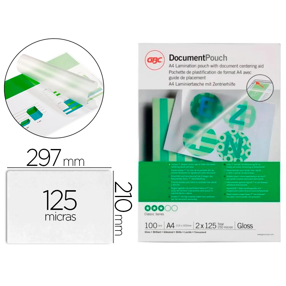 Bolsa de Plastificar Gbc DIN A4 125 Mc Acabado Brillo Caja de 100 Unidades