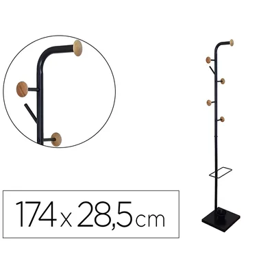 Q-CONNECT Perchero Metalico Q-Connect Negro con Detalles de Madera 6 Colgadores y Paraguero 174X28,5 CM