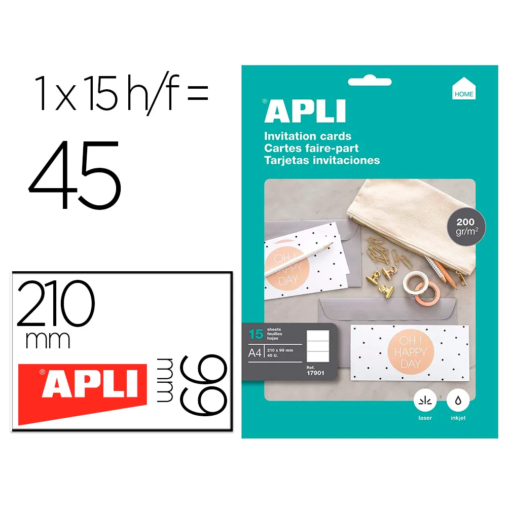 Tarjeta de Visita Apli Invitacion Hogar 210X99MM 200 G Blanca Pack de 15 Hojas DIN A4