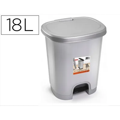 PLASTICFORTE Papelera Contenedor Plasticforte Plastico con Tapadera y Pedal 18 Litros Color Plata 330X280X405 MM