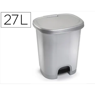 PLASTICFORTE Papelera Contenedor Plasticforte Plastico con Tapadera y Pedal 27 Litros Color Plata 380X320X450 MM
