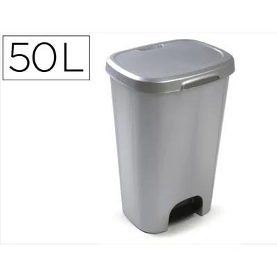 PLASTICFORTE Papelera Contenedor Plasticforte Plastico con Tapadera y Pedal 50 Litros Color Plata 410X360X635 MM