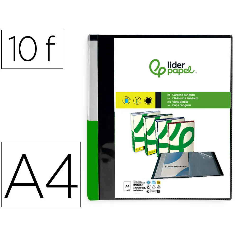 Carpeta Liderpapel 10 Fundas Canguro Pp DIN A4 Negro Opaco Portada y Lomo Personalizable