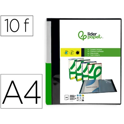 DAS Carpeta Liderpapel 10 Fundas Canguro Pp DIN A4 Negro Opaco Portada y Lomo Personalizable