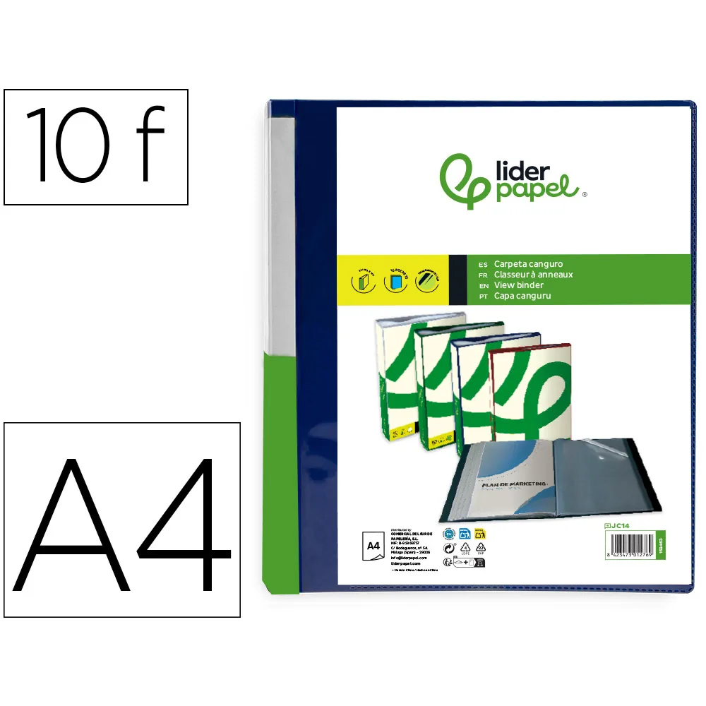 Carpeta Liderpapel 10 Fundas Canguro Pp DIN A4 Azul Translucido Portada y Lomo Personalizable