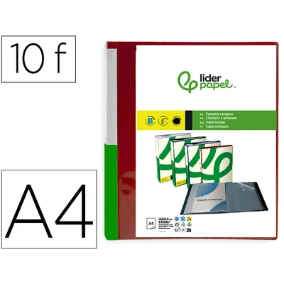 DAS Carpeta Liderpapel 10 Fundas Canguro Pp DIN A4 Rojo Translucido Portada y Lomo Personalizable