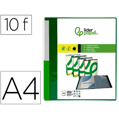 DAS Carpeta Liderpapel 10 Fundas Canguro Pp DIN A4 Verde Translucido Portada y Lomo Personalizable
