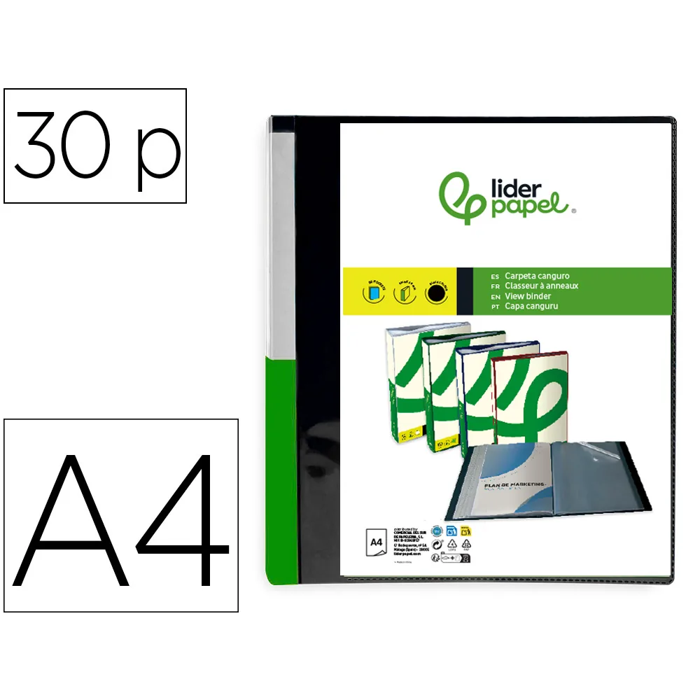 Carpeta Liderpapel 30 Fundas Canguro Pp DIN A4 Negro Opaco Portada y Lomo Personalizable