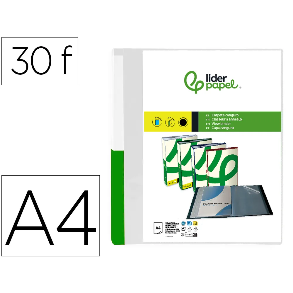 Carpeta Liderpapel 30 Fundas Canguro Pp DIN A4 Transparenteportada y Lomo Personalizable