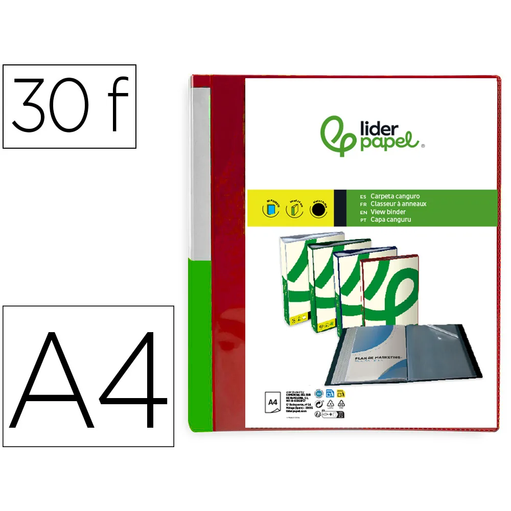 Carpeta Liderpapel 30 Fundas Canguro Pp DIN A4 Rojo Translucido Portada y Lomo Personalizable
