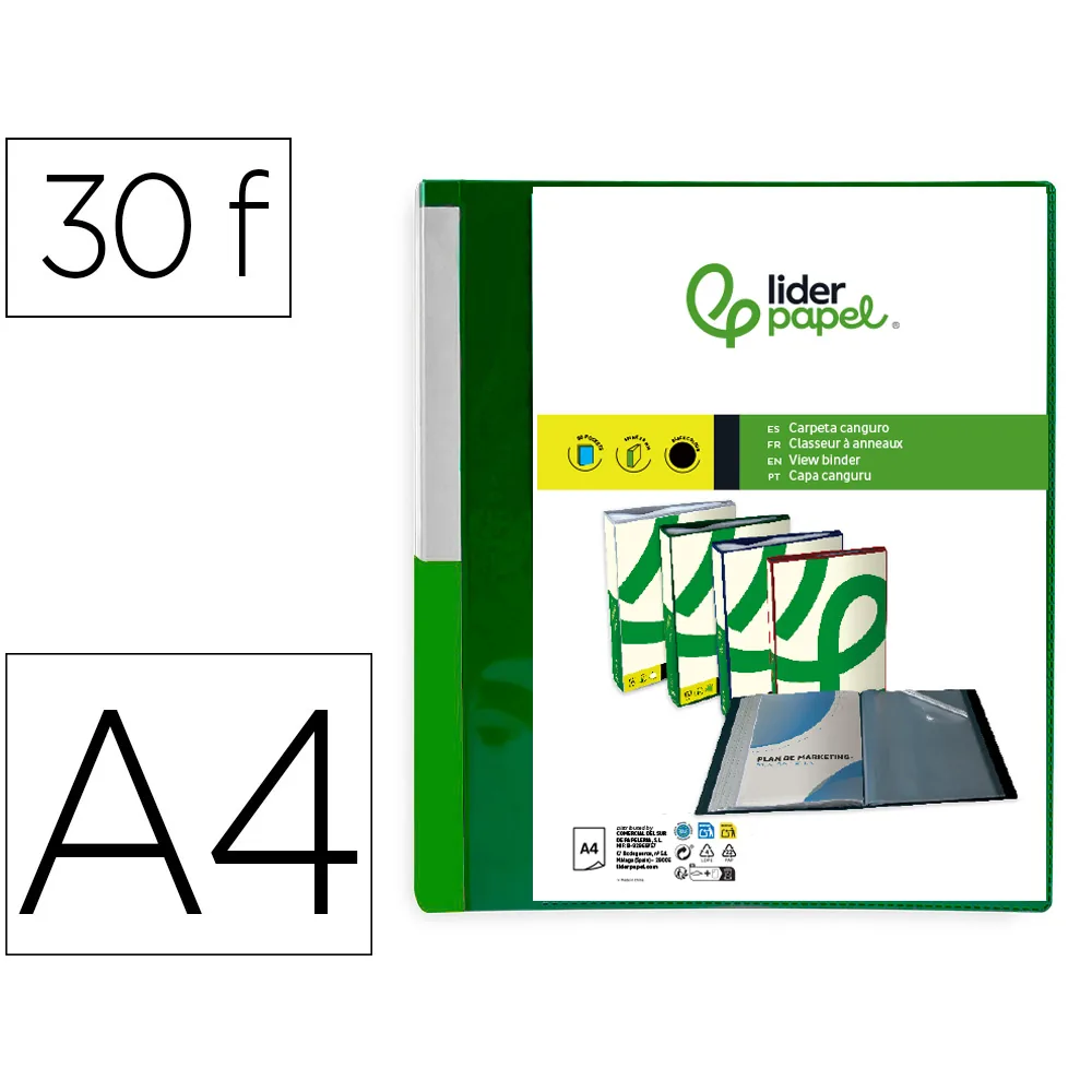 Carpeta Liderpapel 30 Fundas Canguro Pp DIN A4 Verde Translucido Portada y Lomo Personalizable