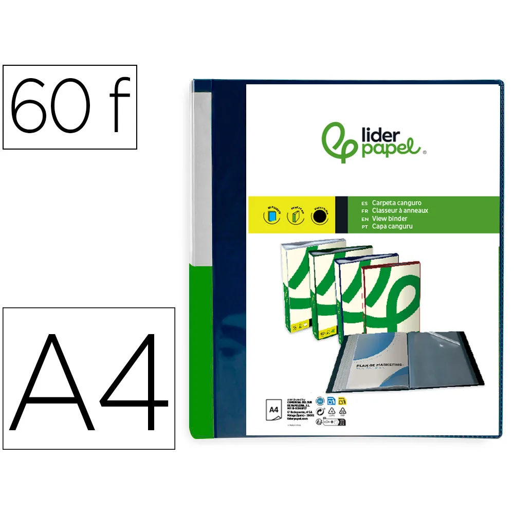 Carpeta Liderpapel 60 Fundas Canguro Pp DIN A4 Azul Translucido Portada y Lomo Personalizable