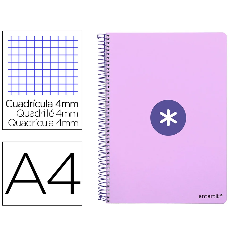 Cuaderno Espiral A4 Antartik Tapa Dura 80H 90GR Cuadro 4MM con Margen Color Lavanda