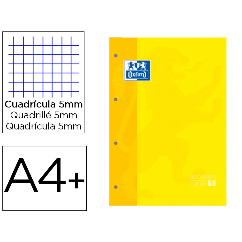 Recambio Color 1 Oxford DIN A4+ 80 Hojas 90 GR Cuadro 5 MM 4 Taladros Color Amarillo