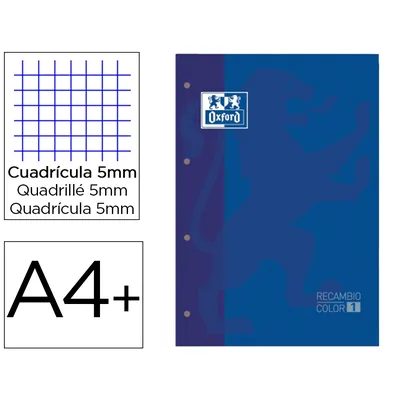 OXFORD Recambio Color 1 Oxford DIN A4+ 80 Hojas 90 GR Cuadro 5 MM 4 Taladros Color Azul Oscuro