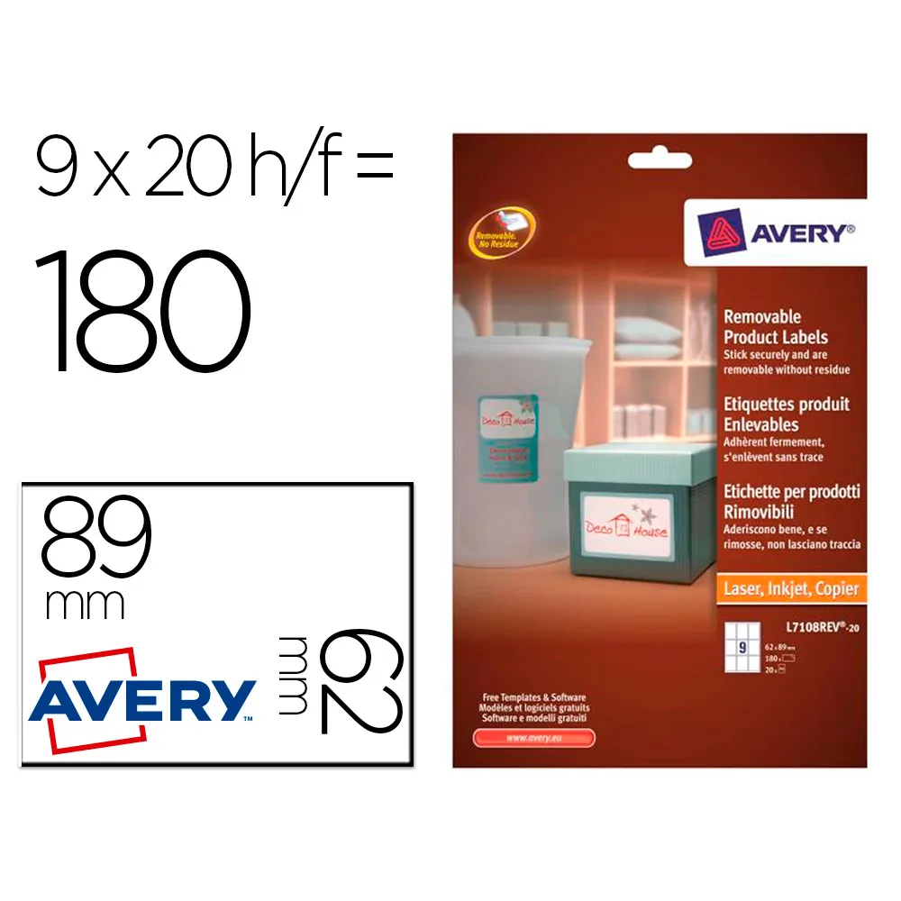 Etiqueta Adhesiva Avery Removible para Impresora Laser Inyeccion Tinta Fotocopiadora Blanca 62X89 MM
