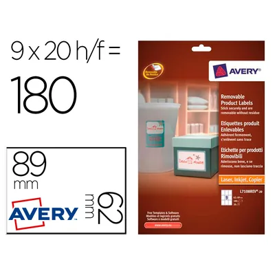 AVERY Etiqueta Adhesiva Avery Removible para Impresora Laser Inyeccion Tinta Fotocopiadora Blanca 62X89 MM