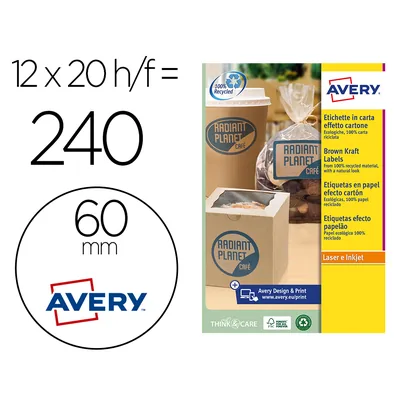AVERY Etiqueta Adhesiva Avery Kraft Efecto Carton Redonda 60 MM Removible para Laser Ink-jet Caja de 300 Unidades