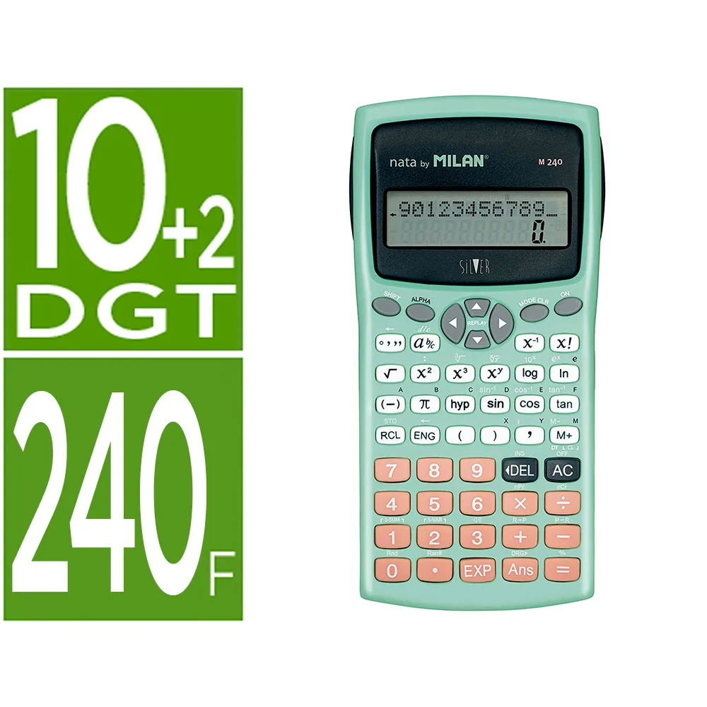 Calculadora Milan Cientifica M240 Silver 2 Lineas 240 Funciones 10+2 Digitos Color Verde Turquesa con Tapa Color