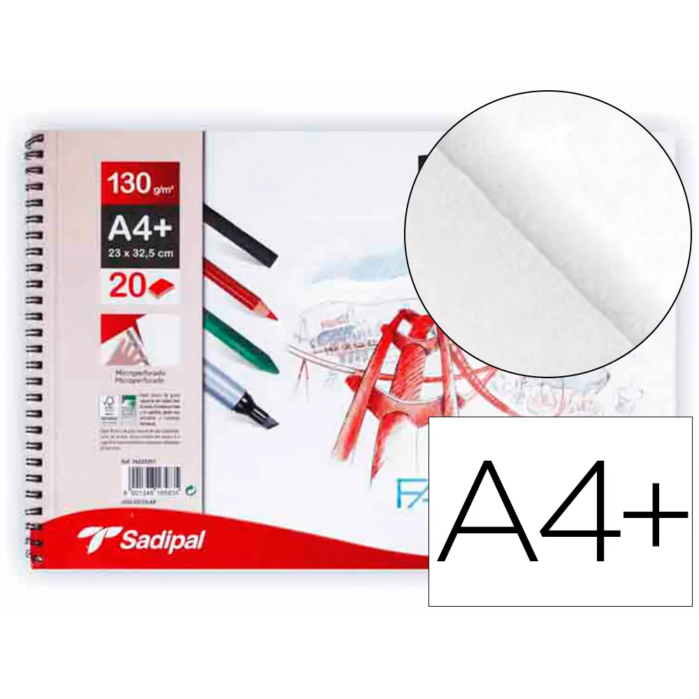 Bloc Dibujo Sadipal Fabriano DIN A4+ Espiral 20 Hojas 130G/M2 Grano Suave Microperforado Liso