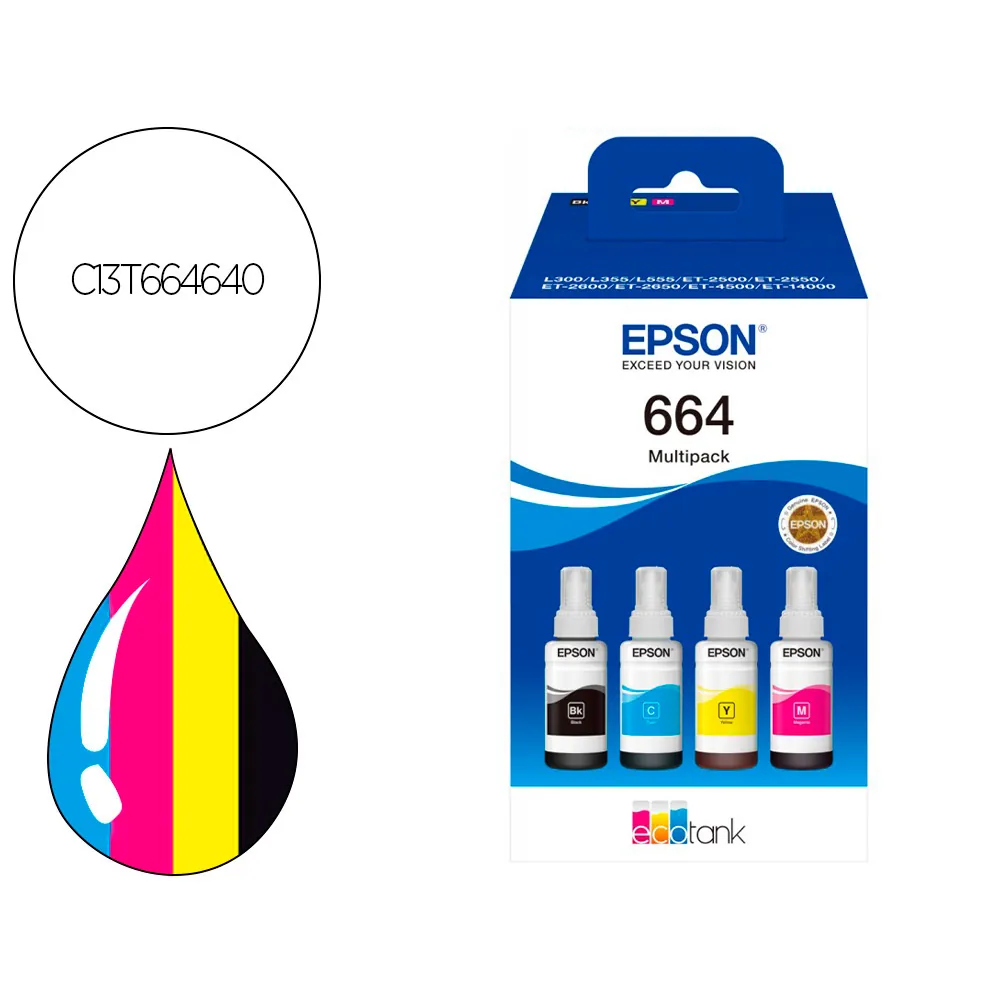 Ink-epson /664 4 Clr Multipack (bk / C / M / Y) Ecotank L300 / L355 / L555 / ET-2500 / ET-2550 / ET-2600 /