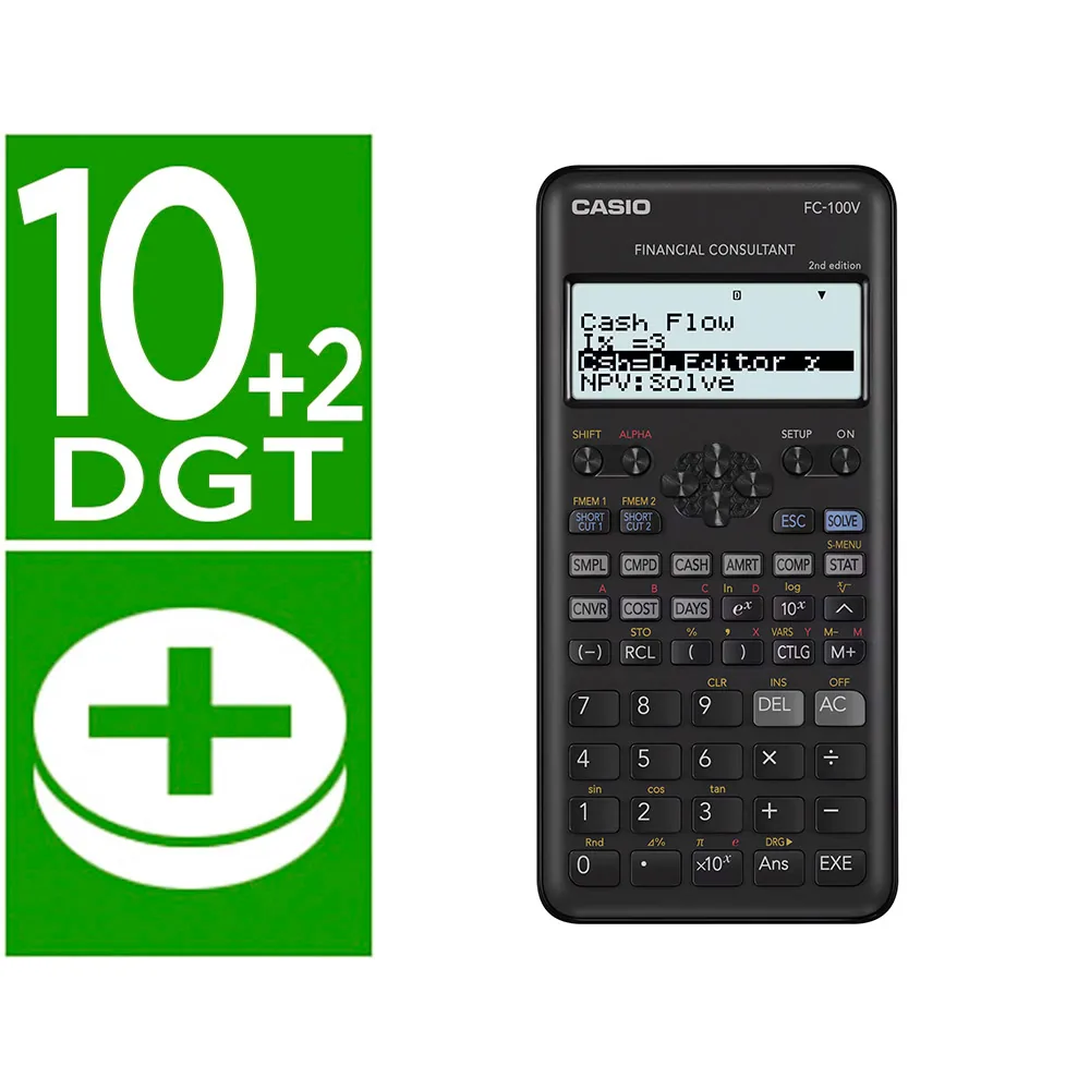 Calculadora Casio FC-100V Financiera 4 Lineas 10+2 Digitos Almacenamiento Flash Calculo de Ganancias con Tapa