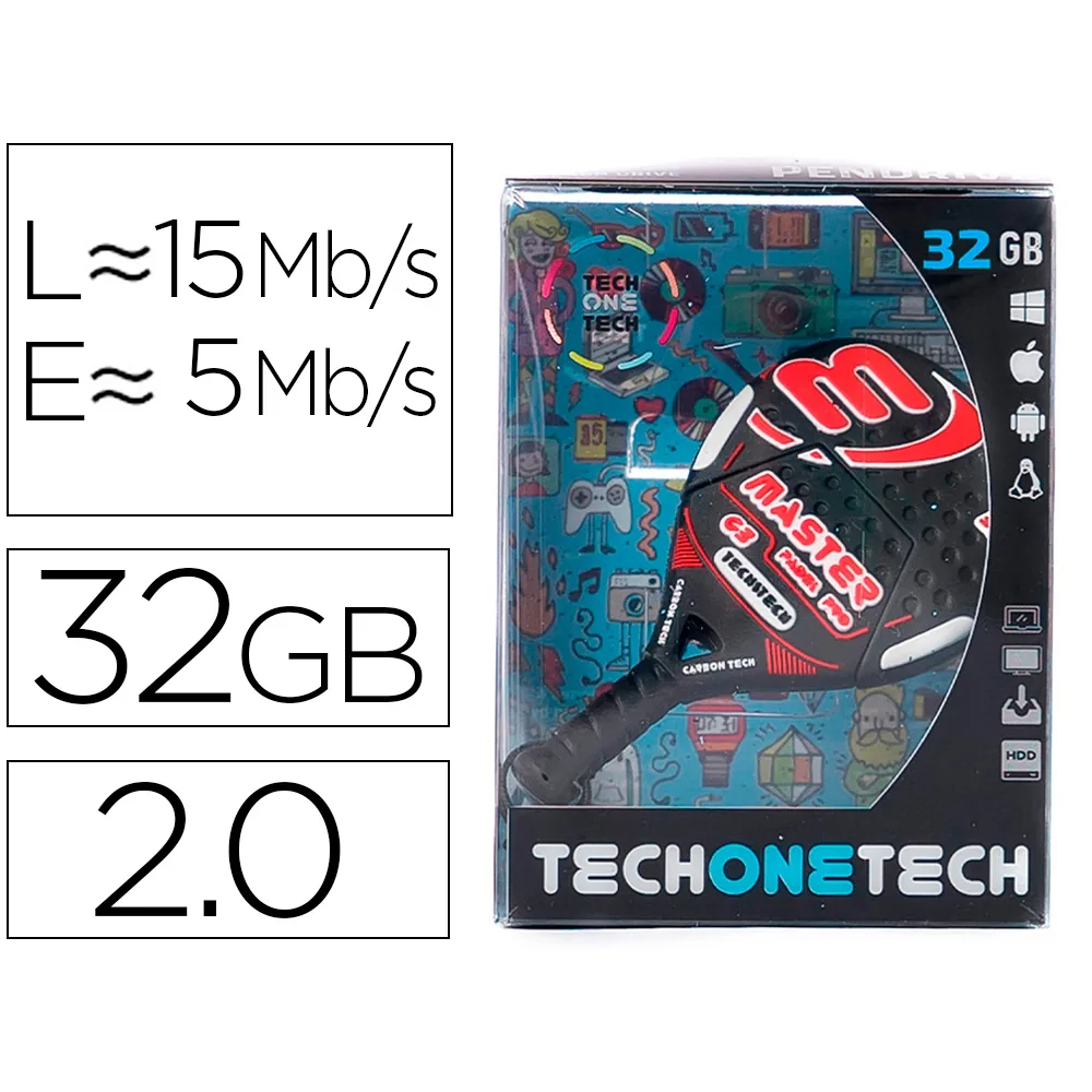 Memoria Usb Tech On Tech Raqueta Padel Roja 32 Gb