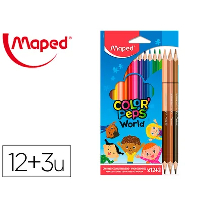MAPED Lapices de Colores Maped Color Peps World Caja de 12 Colores Surtidos + 3 Duo Tonos de Piel